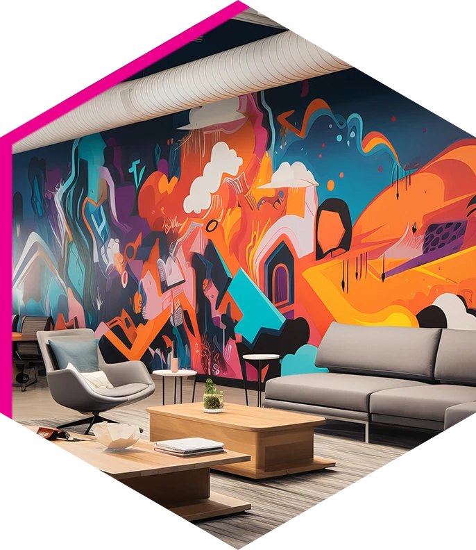 office area with colorful mural