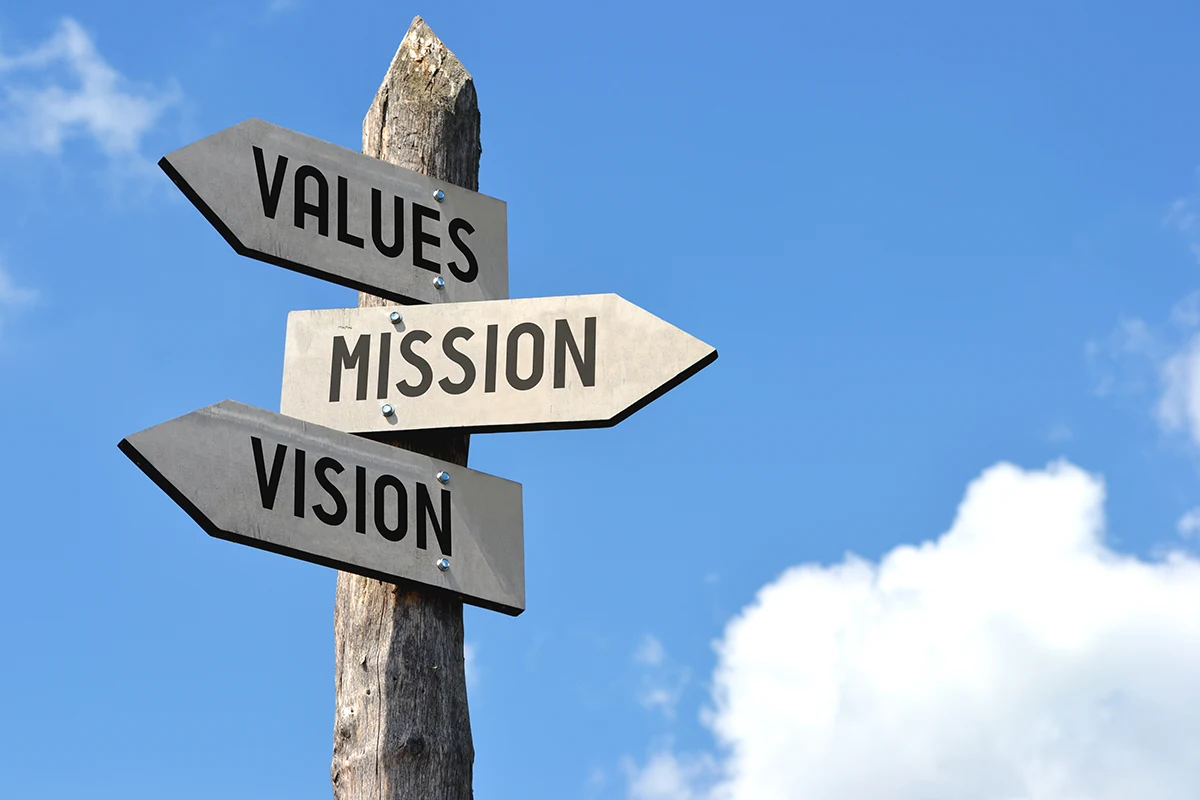 post with words Values, mission, Vision