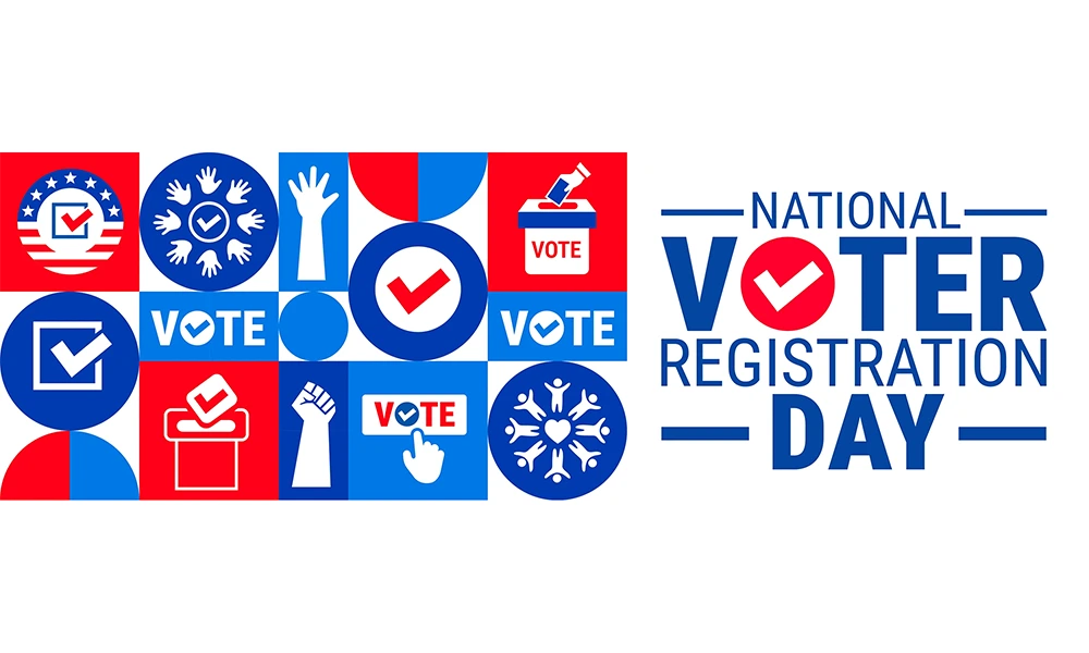 Graphic for National Voter Registration Day featuring red, white, and blue voting-themed icons, including checkmarks, ballot boxes, raised hands, vote buttons, and community symbols. Large text on the right reads “National Voter Registration Day.”
